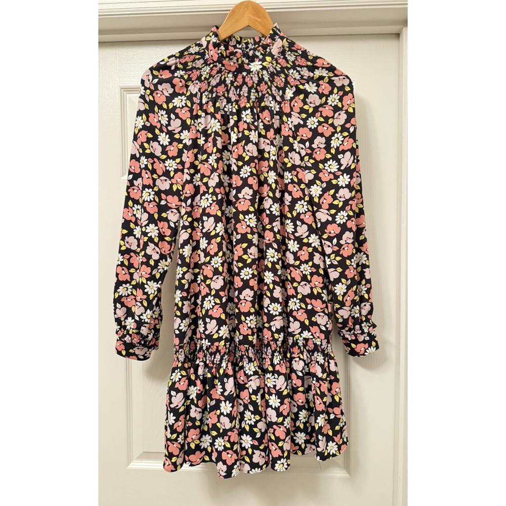 Kate Spade Floral Mini Dress Womens XS Black Pink Smocked Mock Neck Ruffle Hem